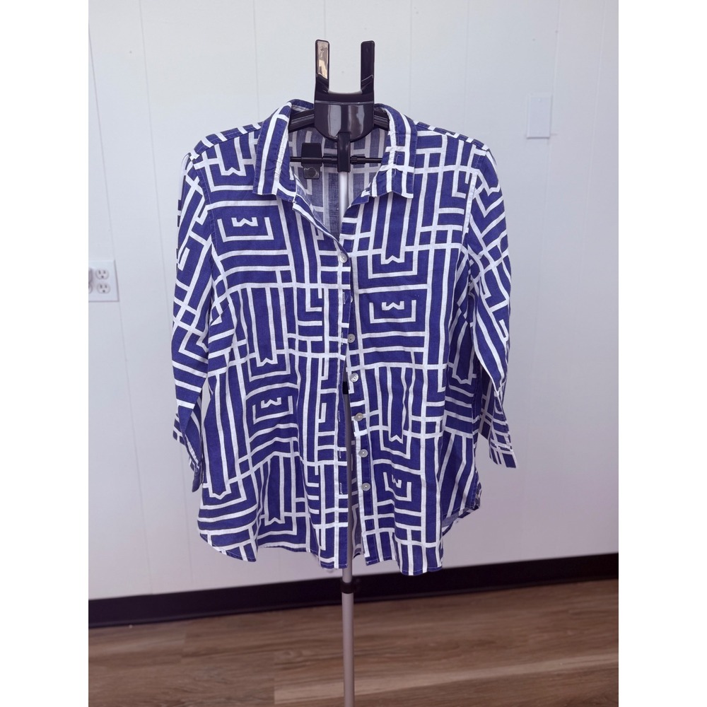 John Mark Button Down Shirt Womens L Blue Excellent Linen Geometric Back Detail